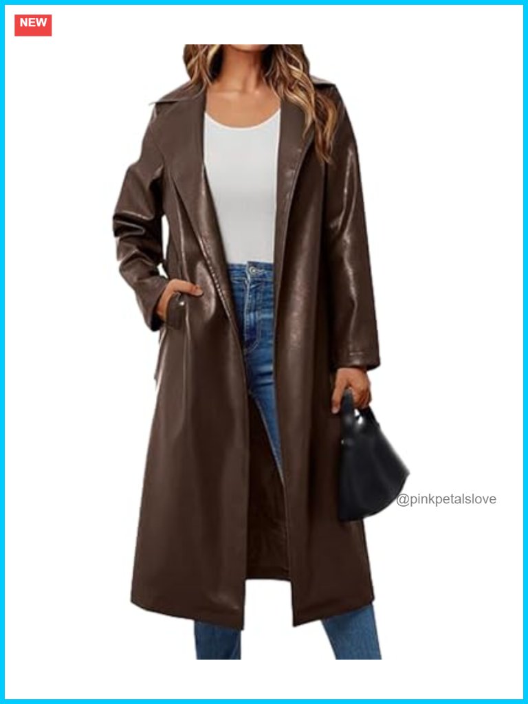 Women's Faux Leather Trench Coat Long Sleeve Open Front Motorcycle Lapel Belted